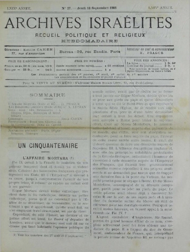 Archives israélites de France. Vol.69 N°37 (10 sept. 1908)